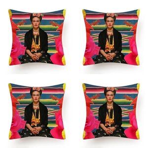 Set of 4 Frida Kahlo Self Portrait, Outdoor Pillow Cover 18x18 Aztec Hibiscus